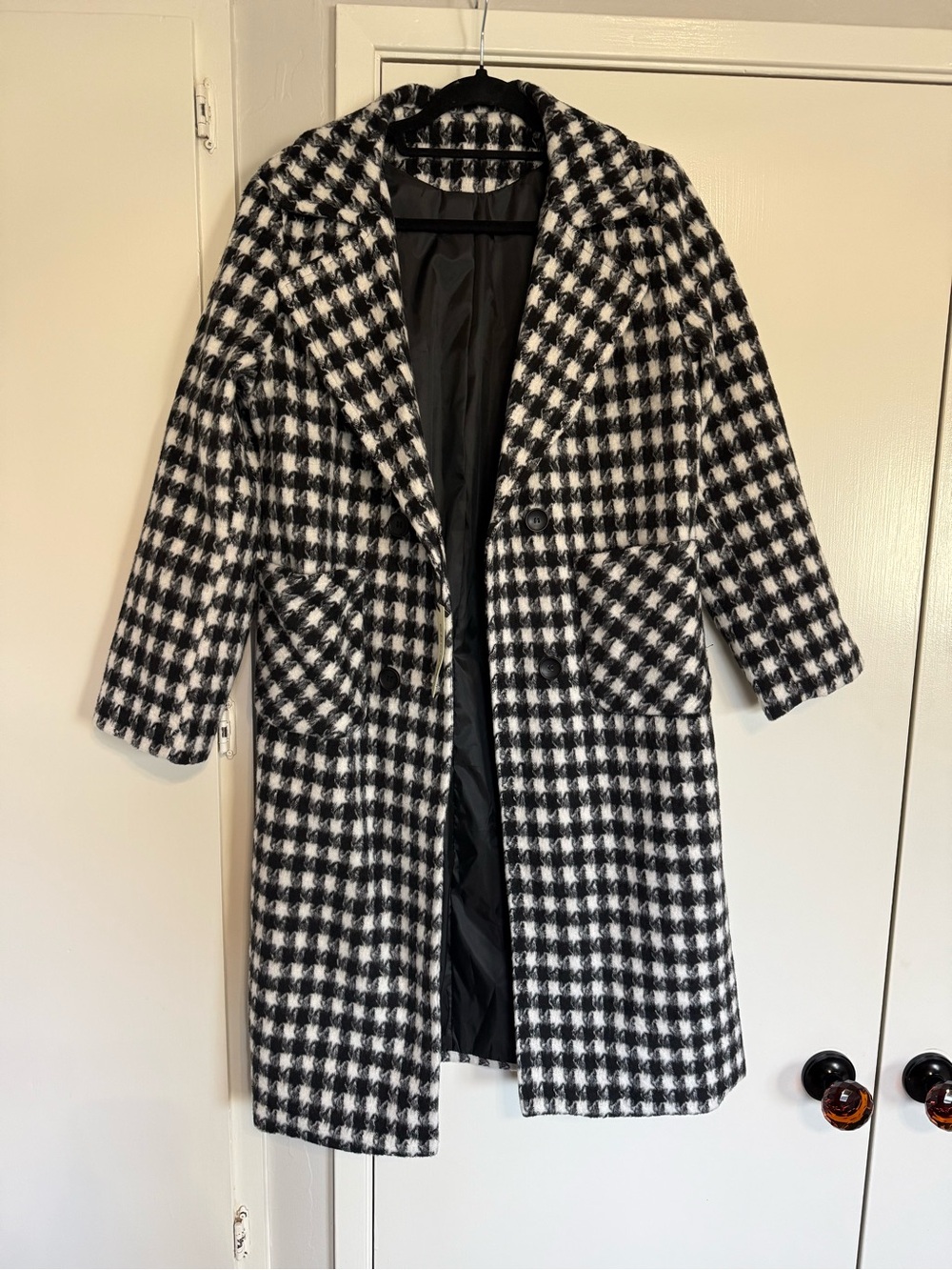 Women's Black & White Houndstooth Pea Coat